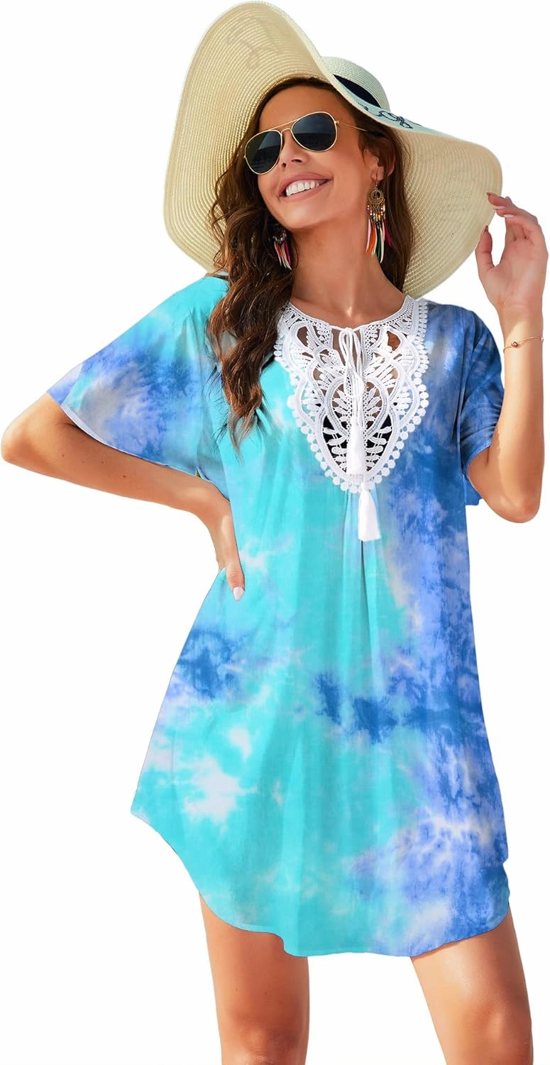 Ekouaer Swimsuit Cover Ups for Women Lace Crochet V-Neck Bikini Beach Coverups Dress for Swimwear Bathing Suit