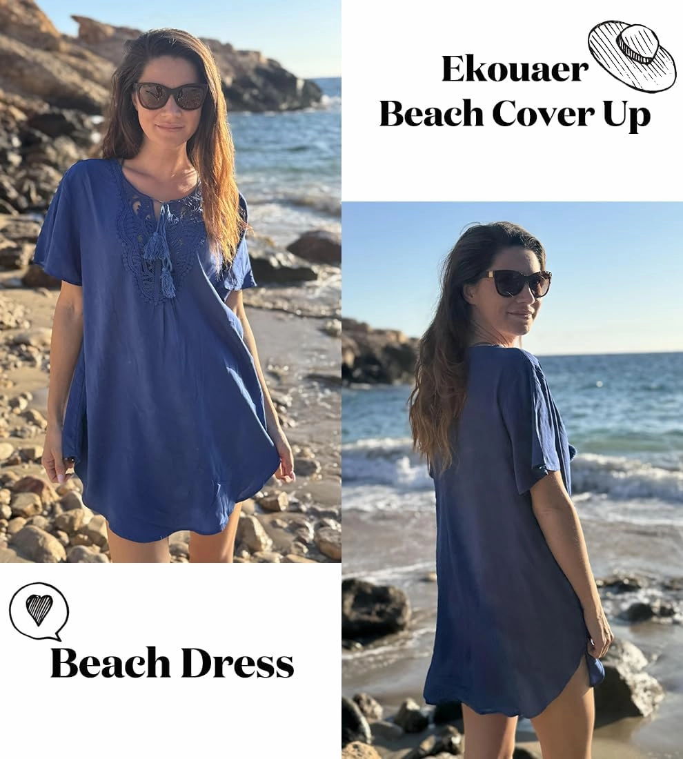 Ekouaer Swimsuit Cover Ups for Women Lace Crochet V-Neck Bikini Beach Coverups Dress for Swimwear Bathing Suit