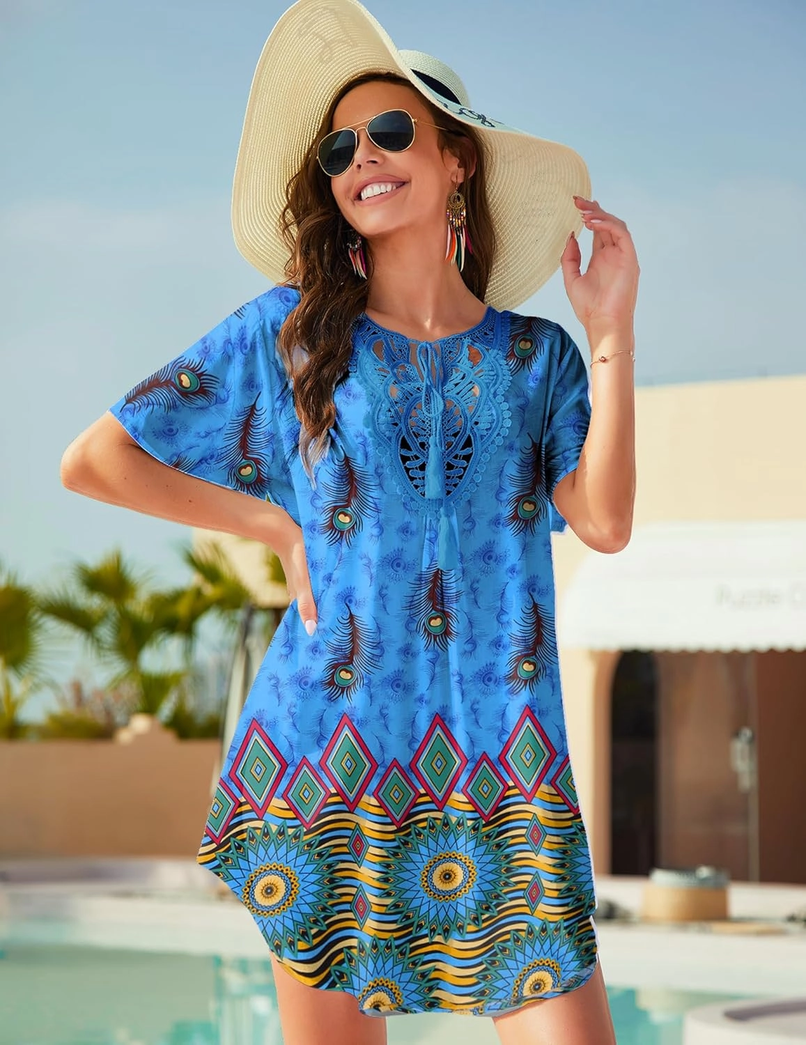 Ekouaer Swimsuit Cover Ups for Women Lace Crochet V-Neck Bikini Beach Coverups Dress for Swimwear Bathing Suit
