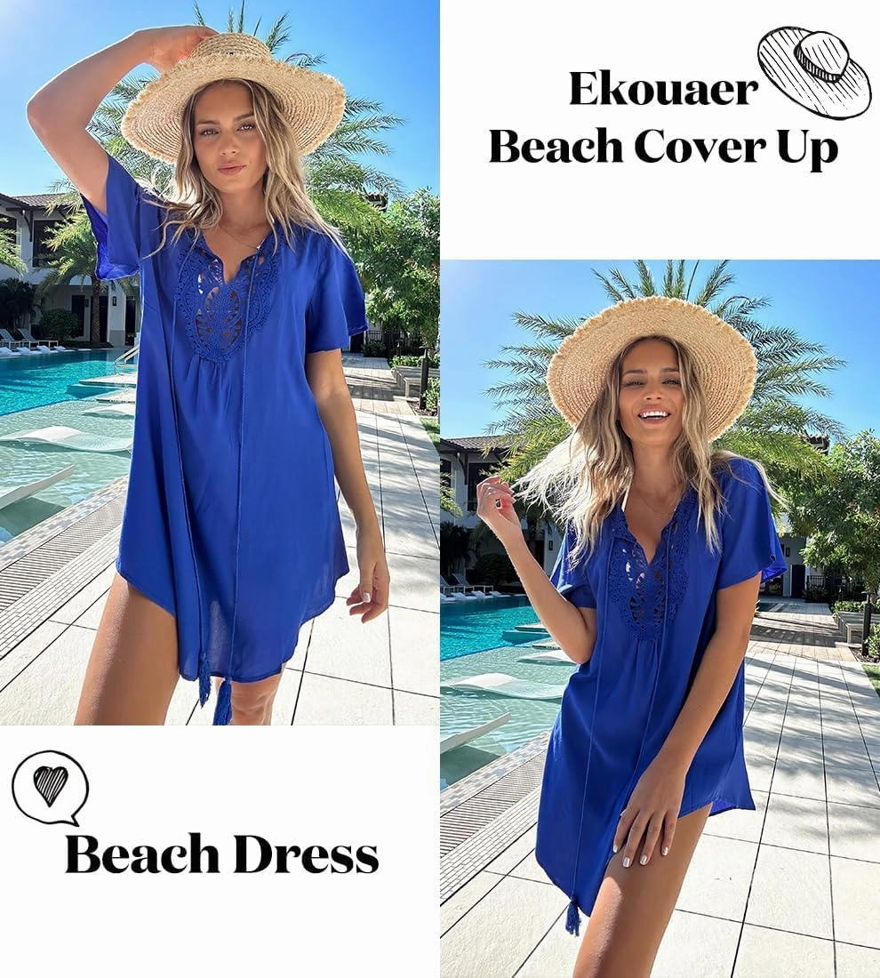 Ekouaer Swimsuit Cover Ups for Women Lace Crochet V-Neck Bikini Beach Coverups Dress for Swimwear Bathing Suit