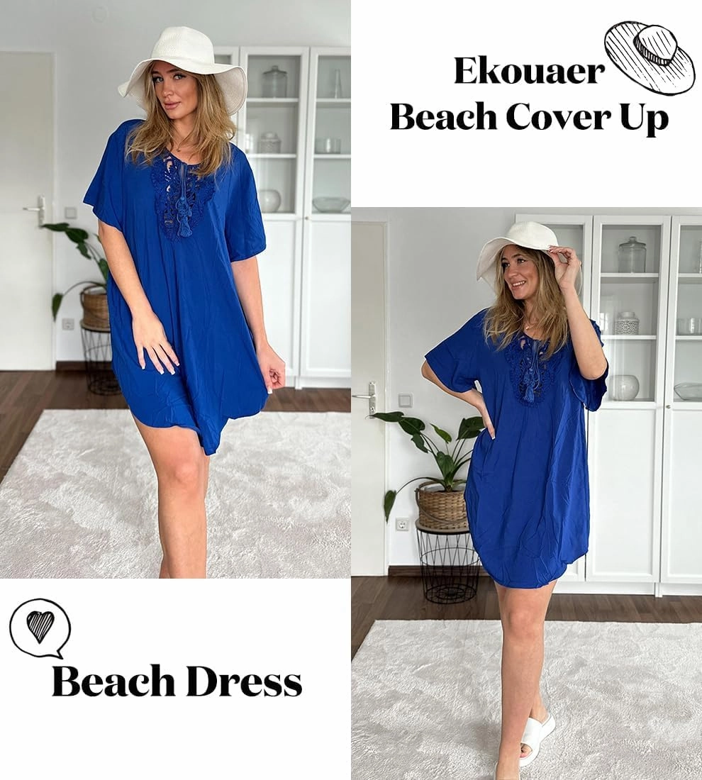 Ekouaer Swimsuit Cover Ups for Women Lace Crochet V-Neck Bikini Beach Coverups Dress for Swimwear Bathing Suit