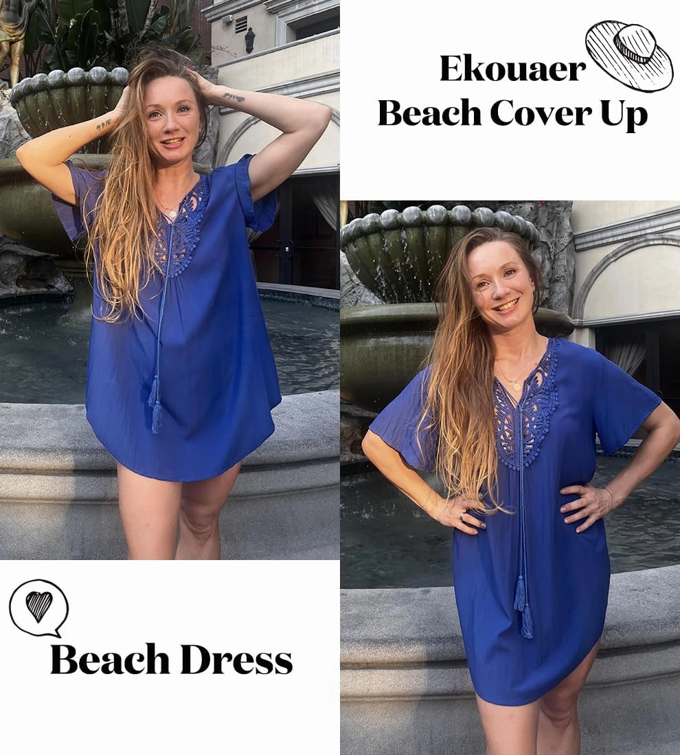 Ekouaer Swimsuit Cover Ups for Women Lace Crochet V-Neck Bikini Beach Coverups Dress for Swimwear Bathing Suit