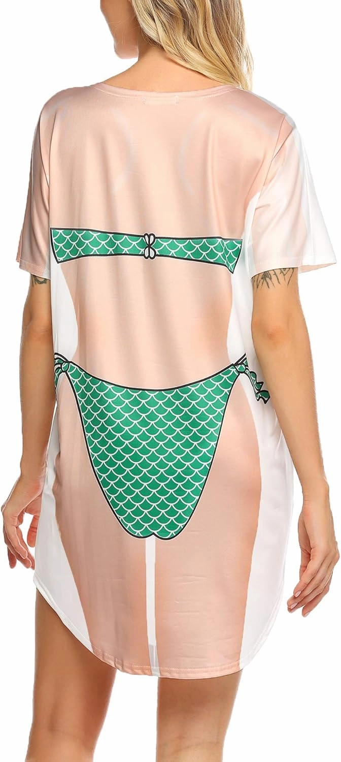 Ekouaer Women's Bikini Shirt Cover Up Short Sleeve Cute Bikini Print Cover-Up Baggy T Shirt Dress Fun Wear