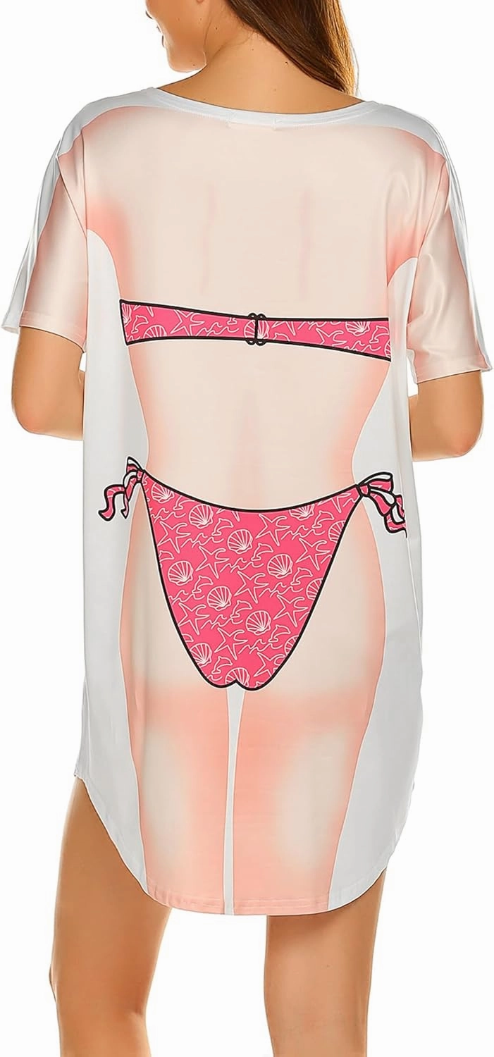 Ekouaer Women's Bikini Shirt Cover Up Short Sleeve Cute Bikini Print Cover-Up Baggy T Shirt Dress Fun Wear