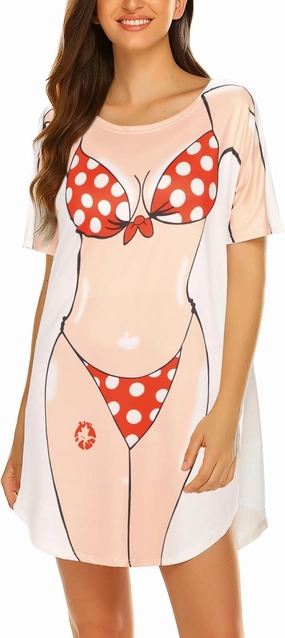 Ekouaer Women's Bikini Shirt Cover Up Short Sleeve Cute Bikini Print Cover-Up Baggy T Shirt Dress Fun Wear