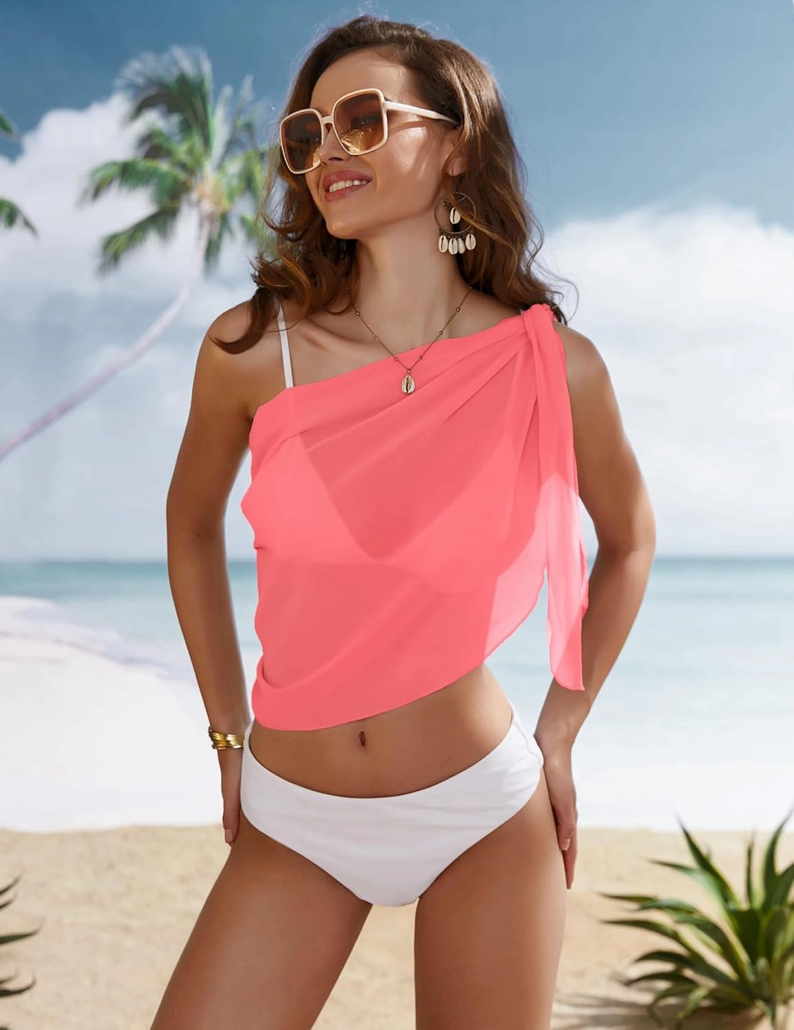 Ekouaer Women's Short Sarongs Chiffon Cover Ups Sheer Bikini Wraps for Swimwear S-3XL