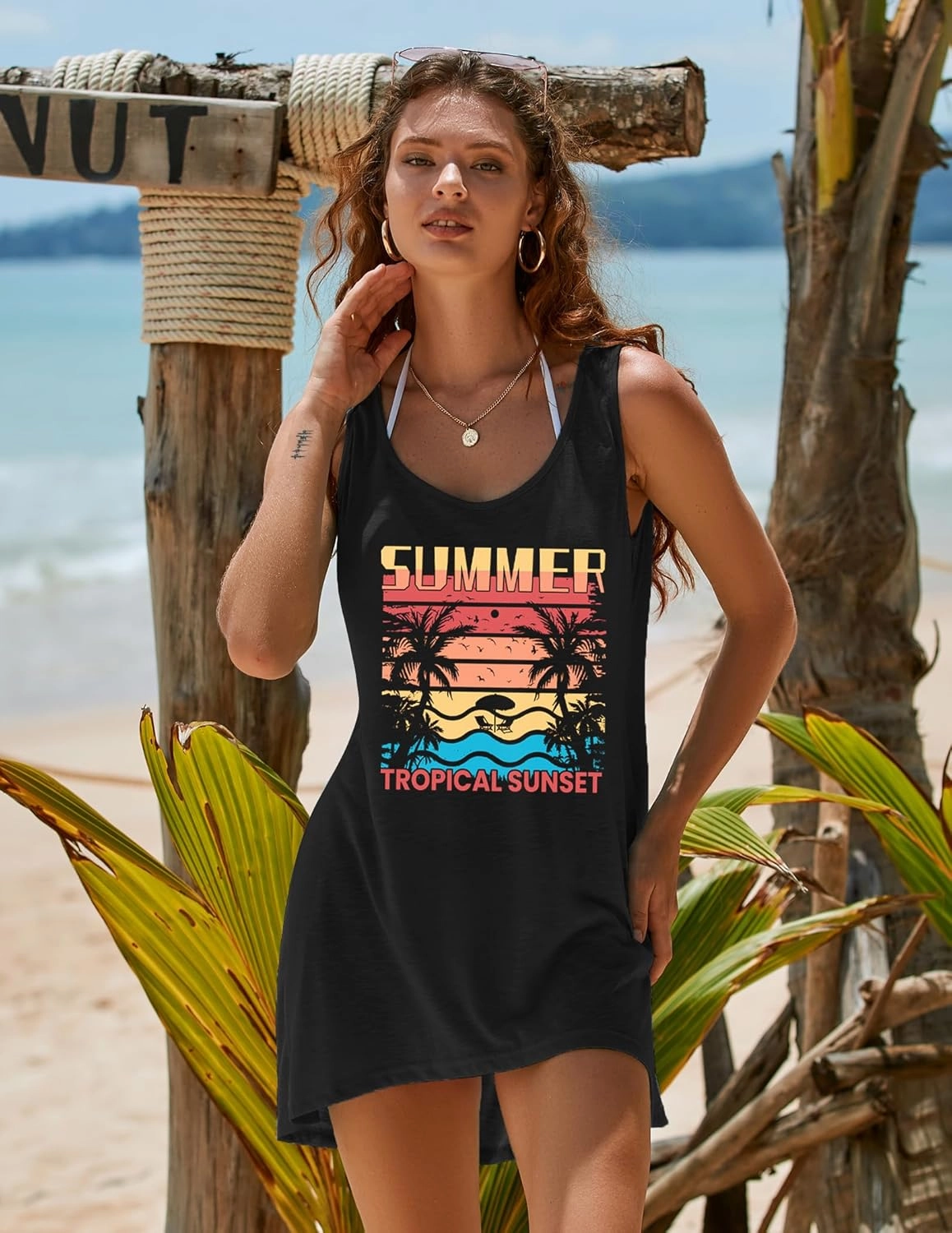 Ekouaer Women's Sleeveless Swimwear Coverups T-Shirt Beach Dress Tank Bikini Cover Up with Print