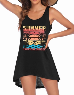 Ekouaer Women's Sleeveless Swimwear Coverups T-Shirt Beach Dress Tank Bikini Cover Up with Print