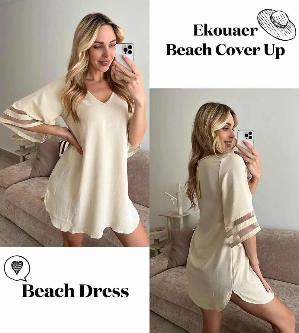 Ekouaer Women's Swimsuit Cover Up 3/4 Bell Sleeve Beachwear Coverups Deep V-Neck Bikini Beach Dress S-3XL