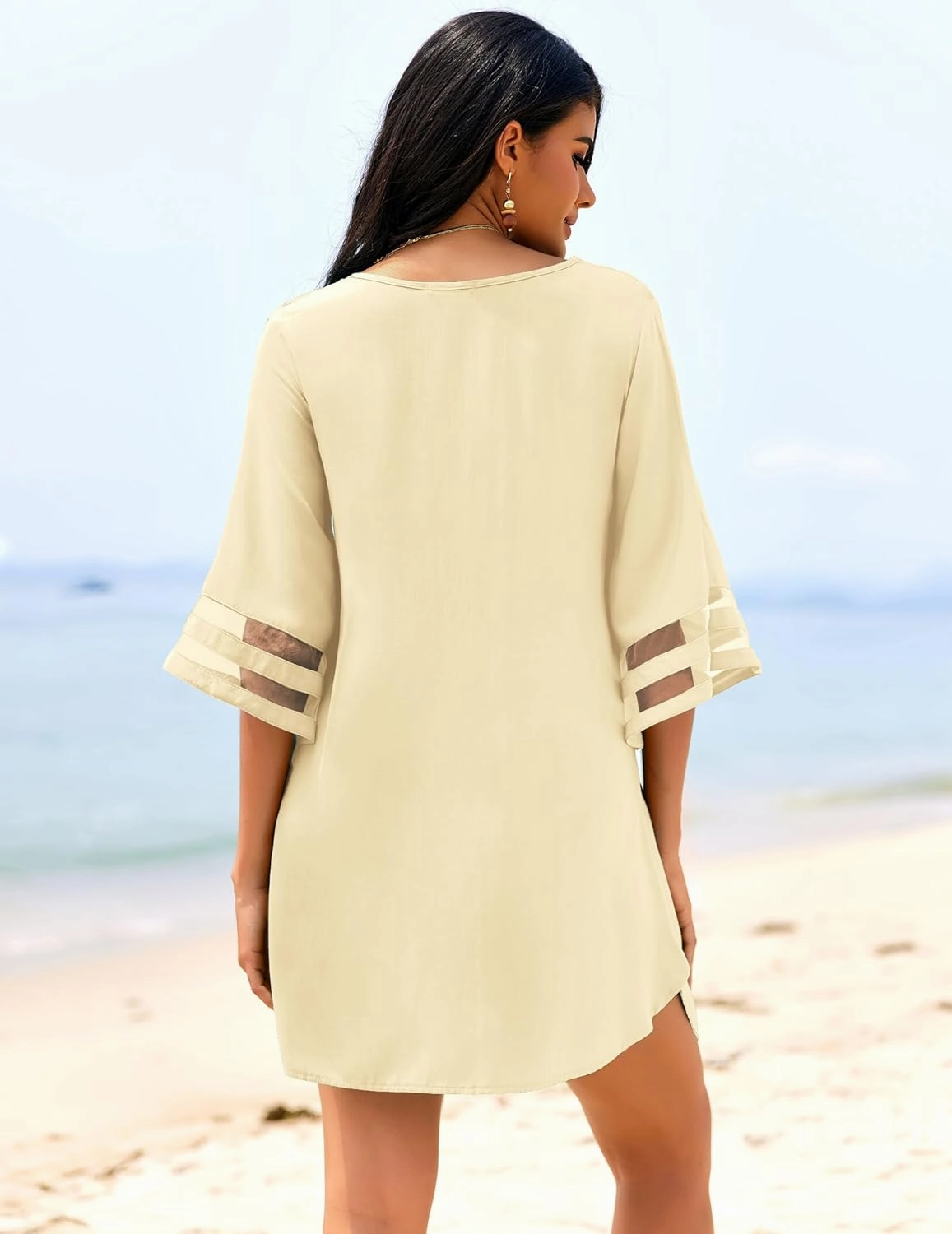 Ekouaer Women's Swimsuit Cover Up 3/4 Bell Sleeve Beachwear Coverups Deep V-Neck Bikini Beach Dress S-3XL