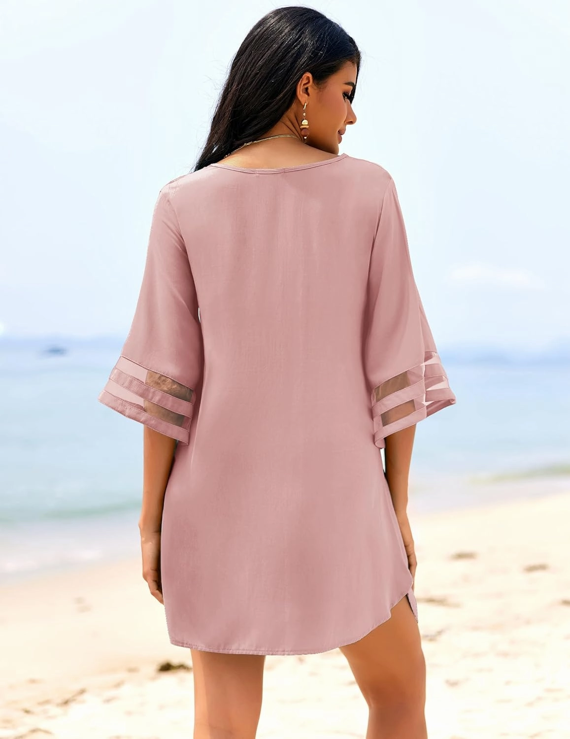 Ekouaer Women's Swimsuit Cover Up 3/4 Bell Sleeve Beachwear Coverups Deep V-Neck Bikini Beach Dress S-3XL