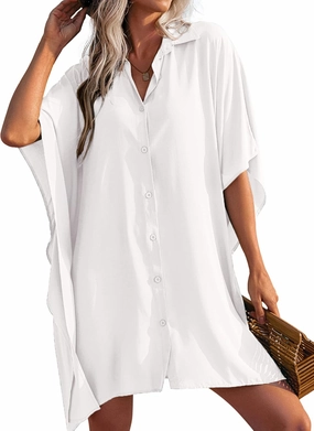 Ekouaer Women's Swimsuit Cover Up 3/4 Sleeve Beachwear Bikini Coverups Button Down Oversized Cover Up Shirt S-3XL