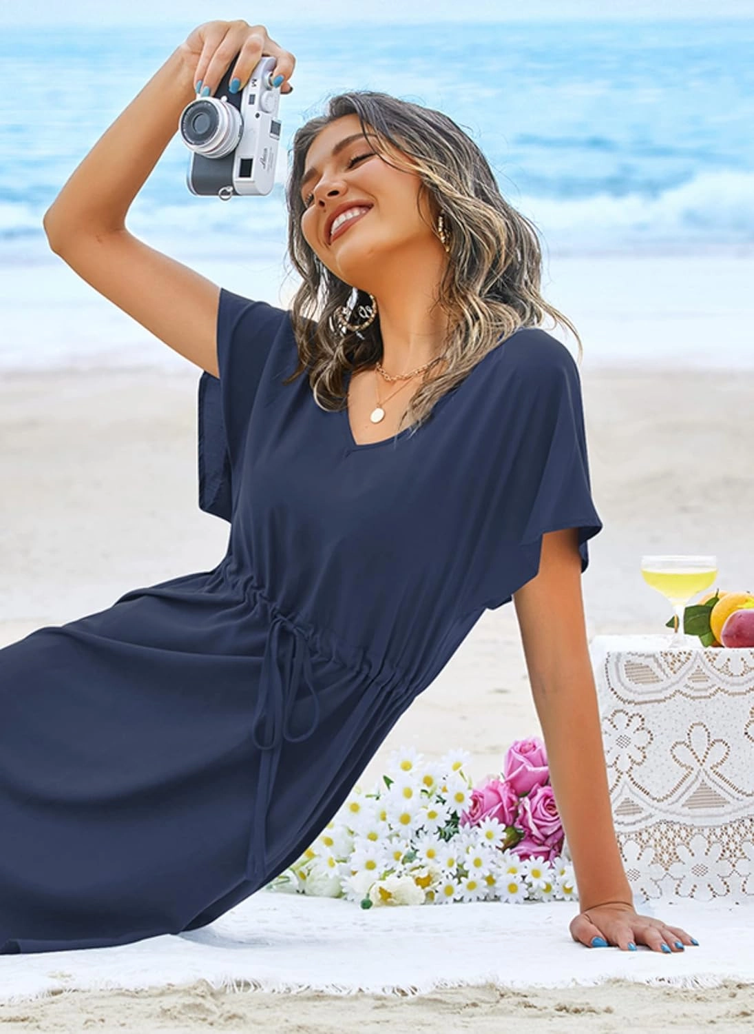 Ekouaer Womens Swimsuit Coverup Short Sleeve Beach Cover Up Dress V Neck Bikini Beachwear