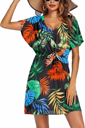 Ekouaer Womens Swimsuit Coverup Short Sleeve Beach Cover Up Dress V Neck Bikini Beachwear