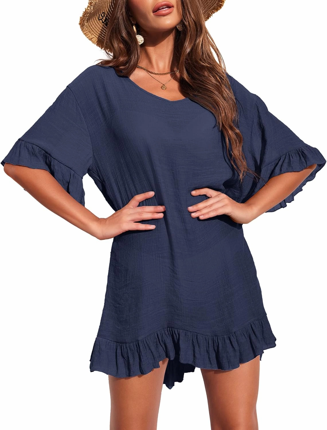 Ekouaer Womens Swimsuit Coverup V Neck Bathing Suit Beach Dress Sexy Ruffle Sleeves Bikini Cover Up Loose Top XS-3XL