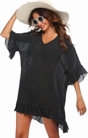 Ekouaer Womens Swimsuit Coverup V Neck Bathing Suit Beach Dress Sexy Ruffle Sleeves Bikini Cover Up Loose Top XS-3XL