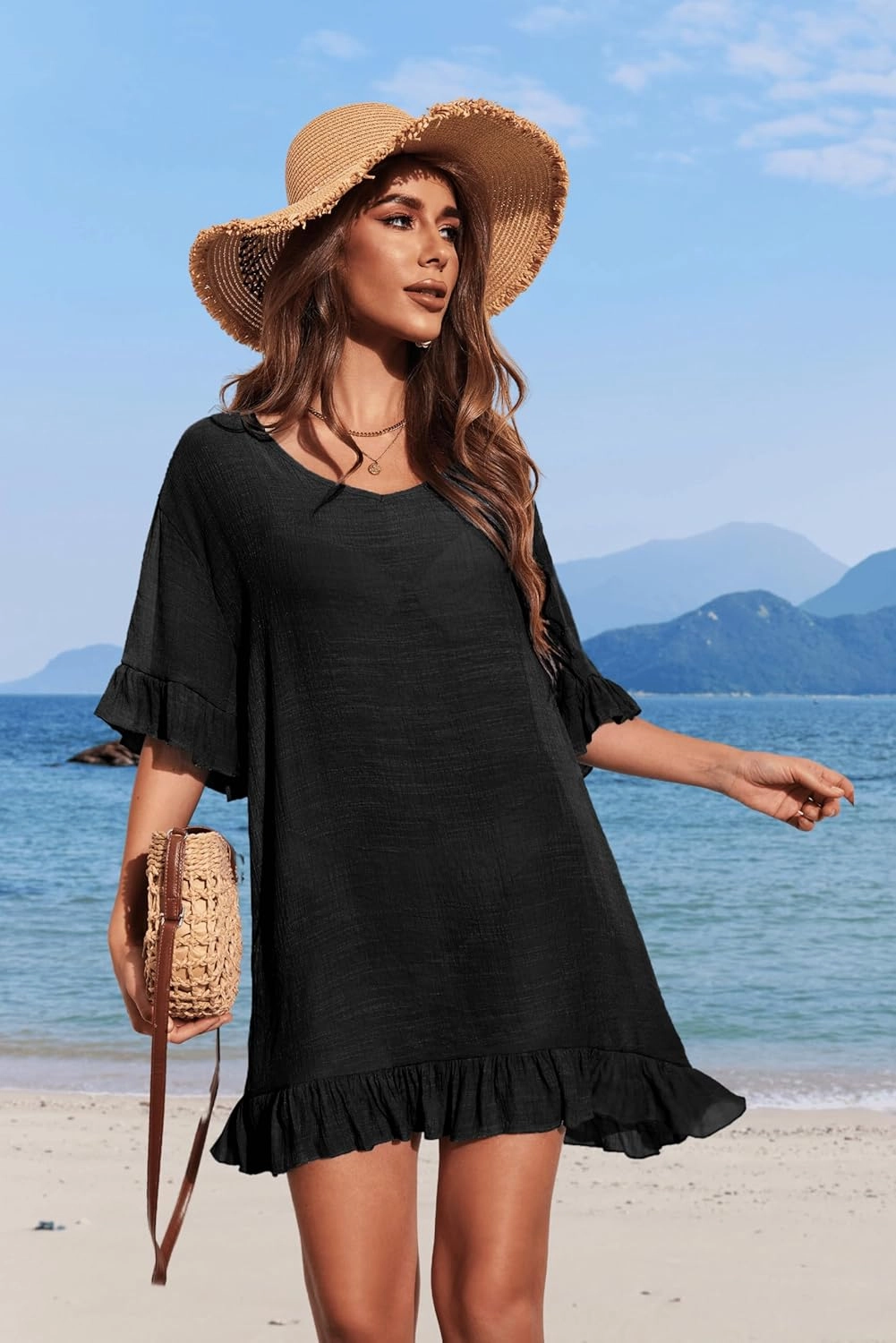 Ekouaer Womens Swimsuit Coverup V Neck Bathing Suit Beach Dress Sexy Ruffle Sleeves Bikini Cover Up Loose Top XS-3XL