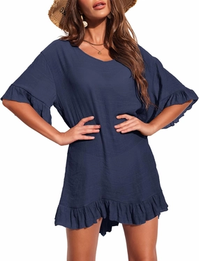 Ekouaer Womens Swimsuit Coverup V Neck Bathing Suit Beach Dress Sexy Ruffle Sleeves Bikini Cover Up Loose Top XS-3XL