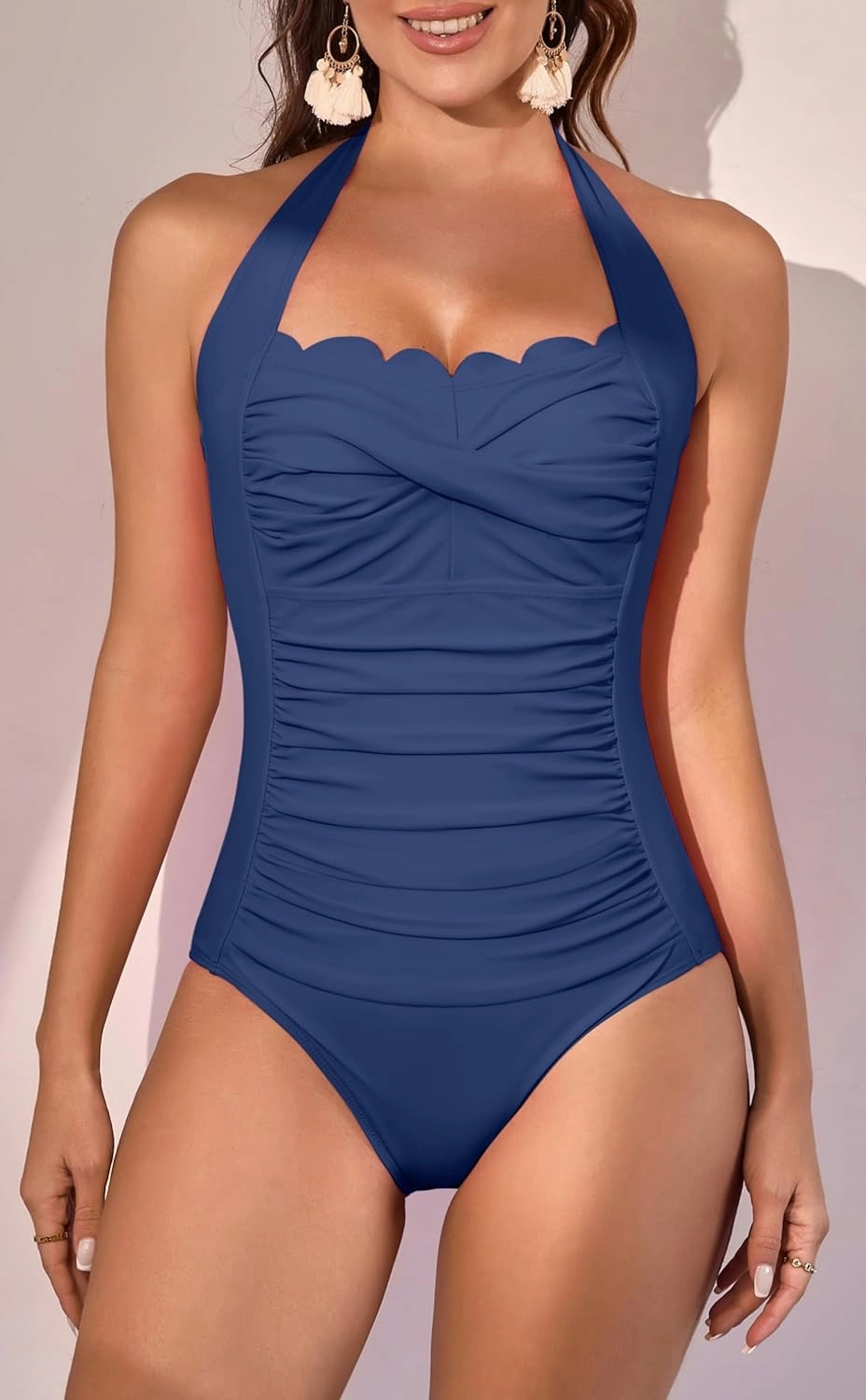 Eomenie Women One Piece Tummy Control Swimsuit Halter Scallop Trim Bathing Suits 1 Piece Vintage Ruched Slimming Swimwear