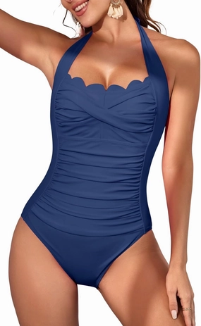 Eomenie Women One Piece Tummy Control Swimsuit Halter Scallop Trim Bathing Suits 1 Piece Vintage Ruched Slimming Swimwear