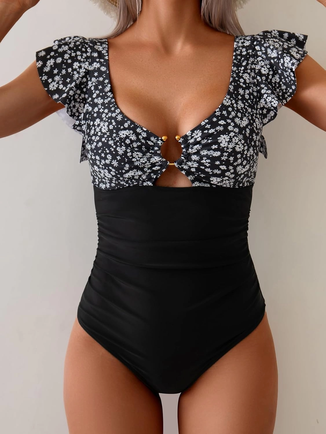Eomenie Women's One Piece Swimsuit Tummy Control Bathing Suit Cutout Ruffle Slimming Swim Suit