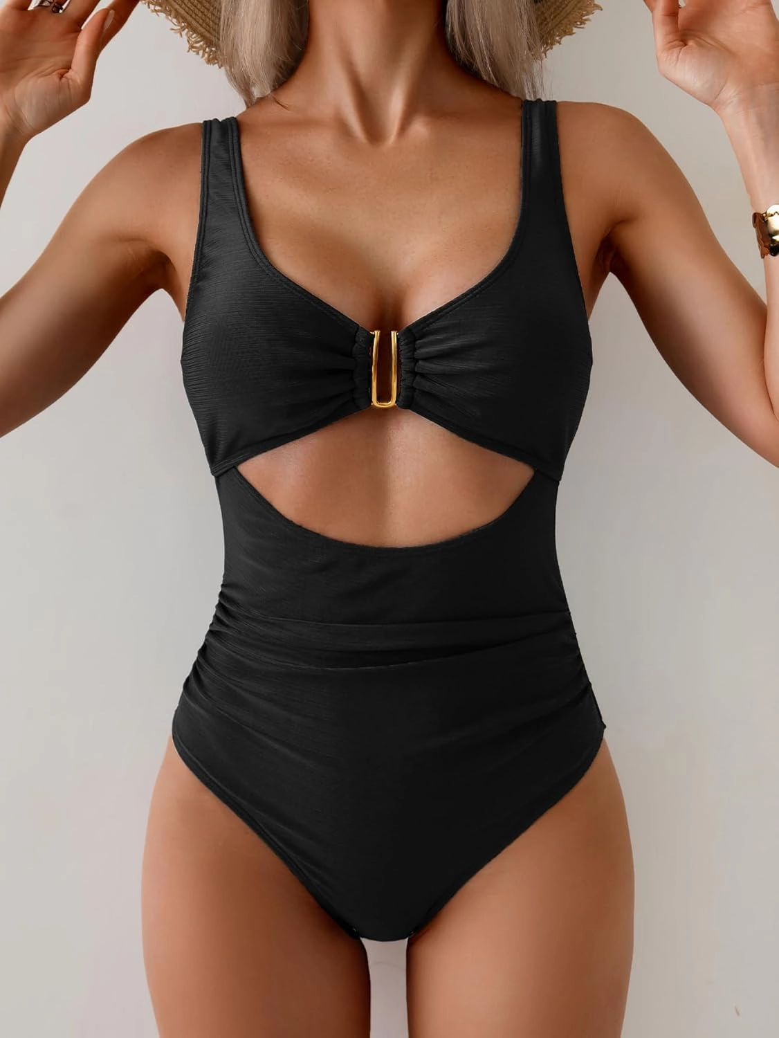 Eomenie Women's One Piece Swimsuit Tummy Control Ruched Bathing Suit Cutout V Neck Swimwear High Cut Tie Back Swim Suit