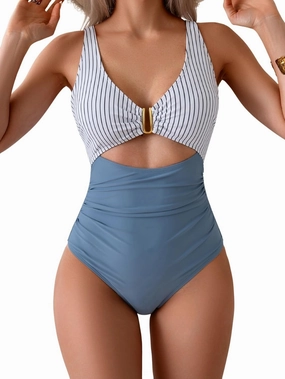 Eomenie Women's One Piece Swimsuit Tummy Control Ruched Bathing Suit Cutout V Neck Swimwear High Cut Tie Back Swim Suit