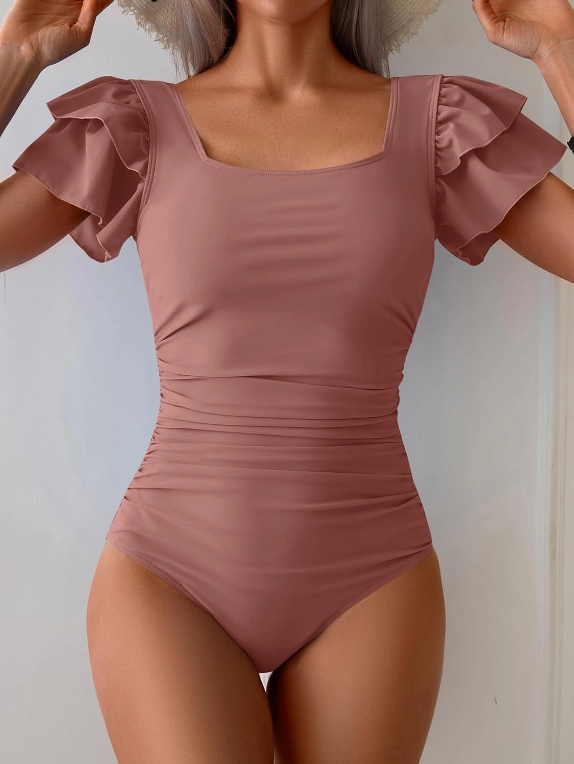 Eomenie Women's Tummy Control One Piece Swimsuit Ruffle Square Neck Bathing Suit Ruched Cutout Back Slimming Swimwear