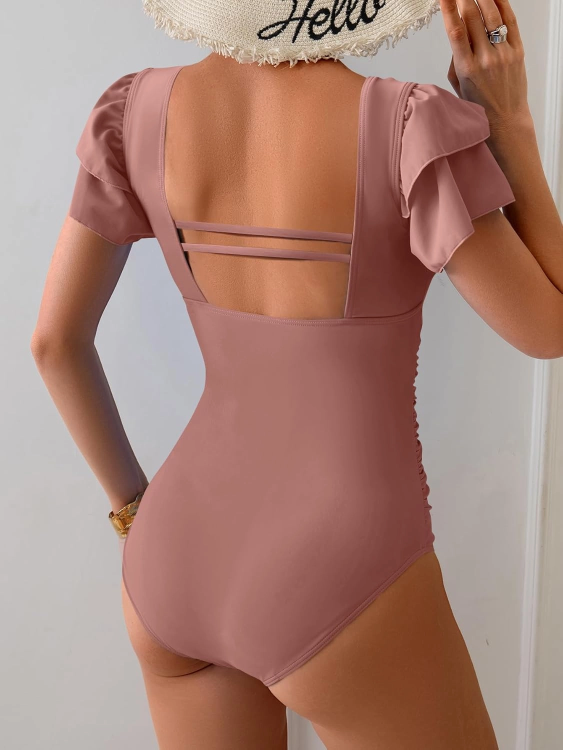 Eomenie Women's Tummy Control One Piece Swimsuit Ruffle Square Neck Bathing Suit Ruched Cutout Back Slimming Swimwear