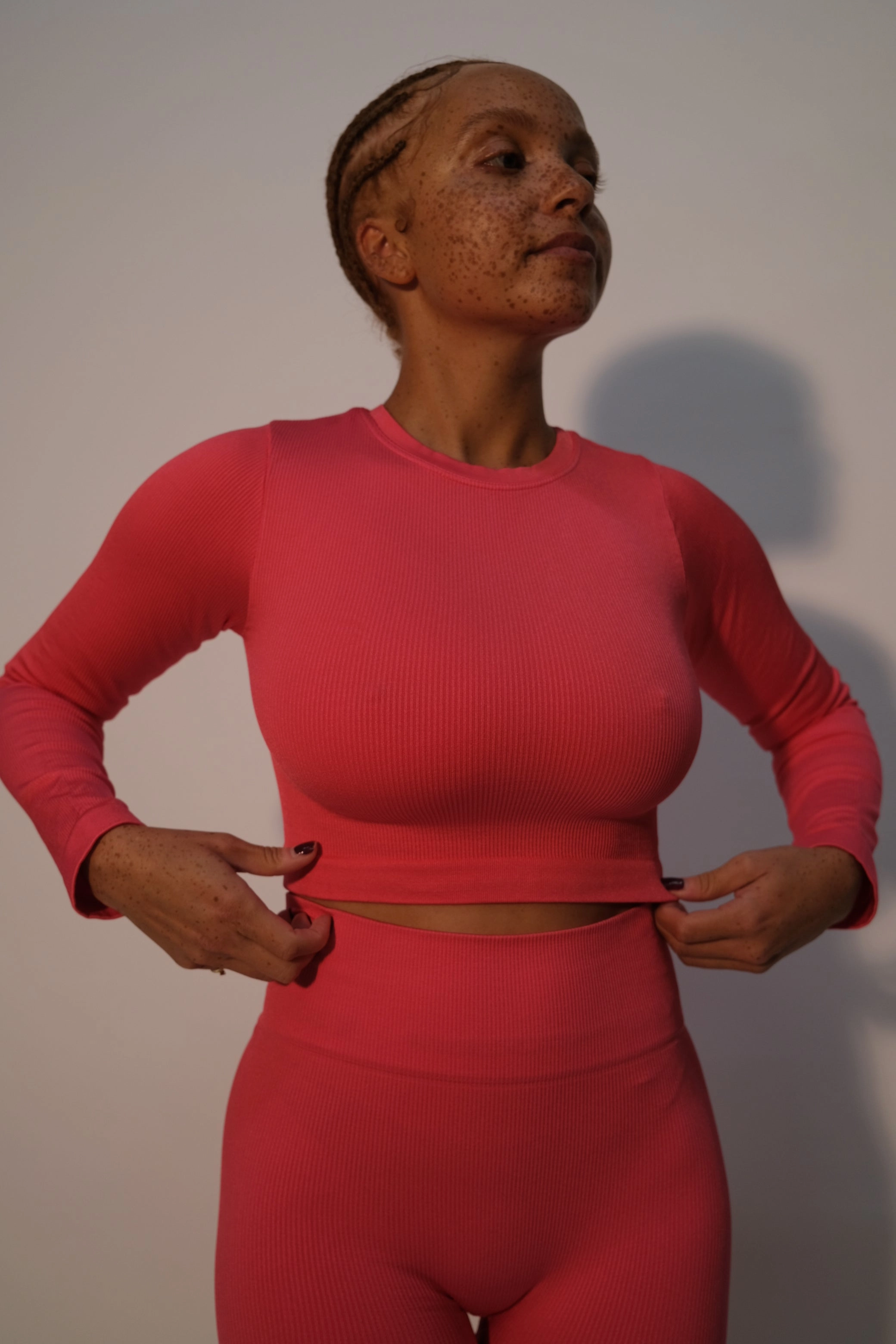EVOKE Ribbed Long-Sleeve Crop Top | Cerise