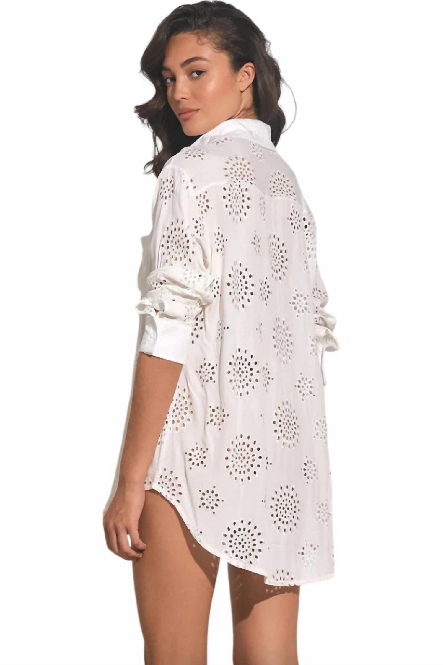 Eyelet Long Sleeve Cover-Up In White