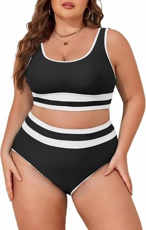 Eytino Womens Plus Size Bikini Sets High Waisted Scoop Neck Bahting Suits Two Piece Color Block Swimsuits(1X-5X)