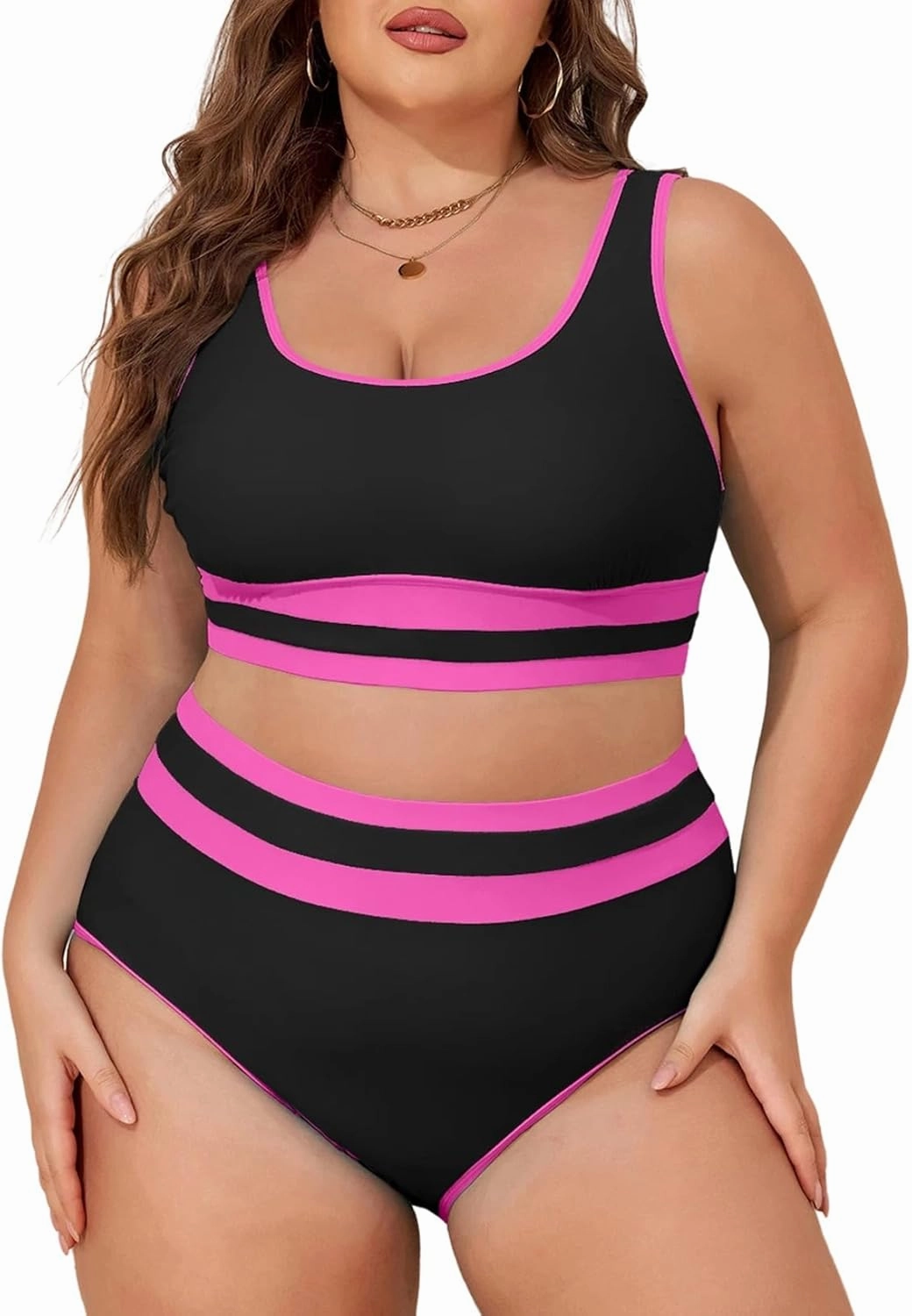 Eytino Womens Plus Size Bikini Sets High Waisted Scoop Neck Bahting Suits Two Piece Color Block Swimsuits(1X-5X)