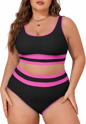 Eytino Womens Plus Size Bikini Sets High Waisted Scoop Neck Bahting Suits Two Piece Color Block Swimsuits(1X-5X)