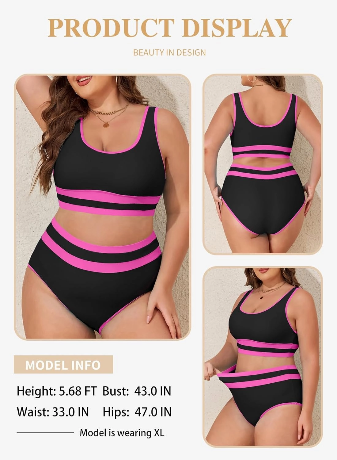 Eytino Womens Plus Size Bikini Sets High Waisted Scoop Neck Bahting Suits Two Piece Color Block Swimsuits(1X-5X)