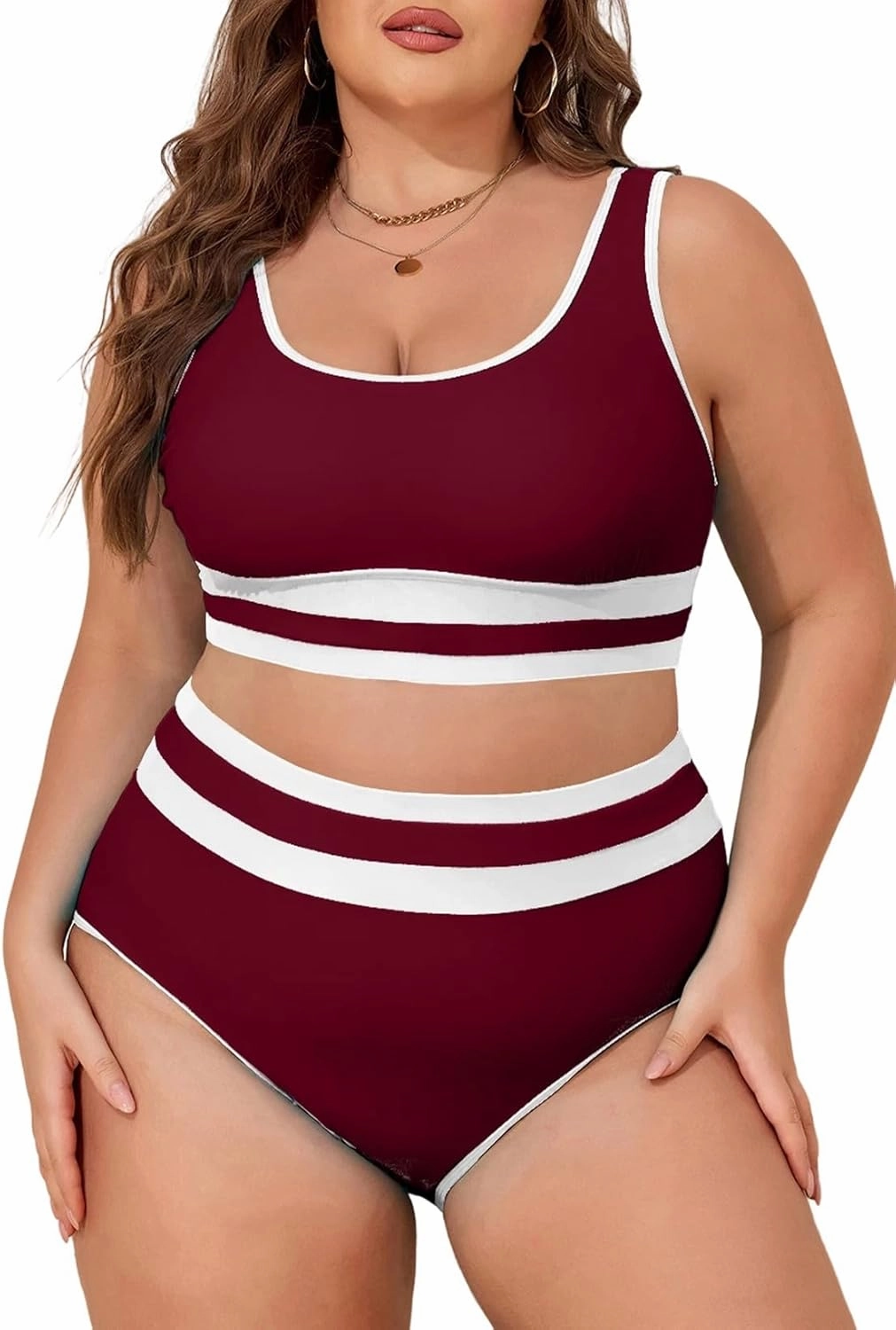 Eytino Womens Plus Size Bikini Sets High Waisted Scoop Neck Bahting Suits Two Piece Color Block Swimsuits(1X-5X)
