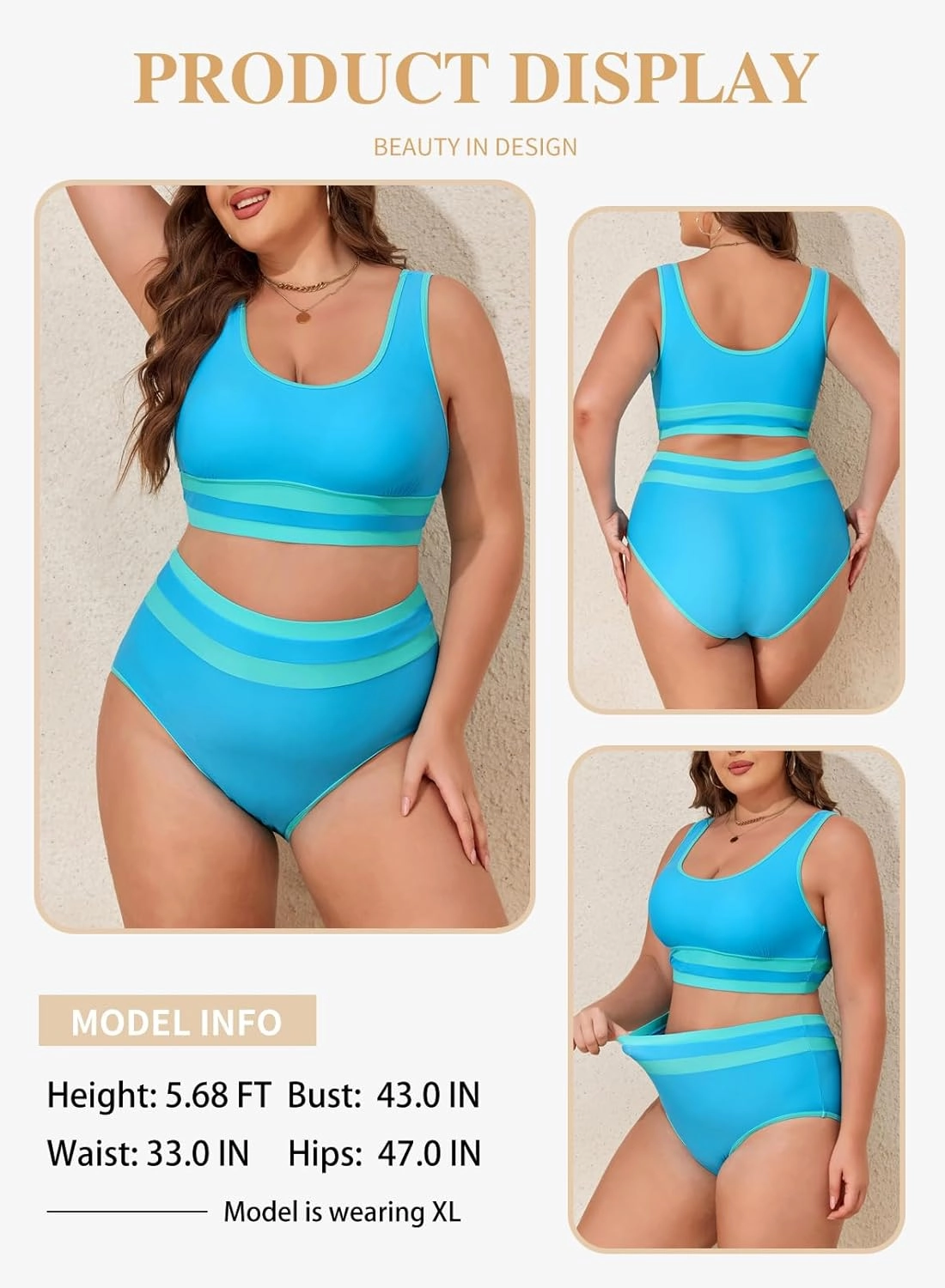 Eytino Womens Plus Size Bikini Sets High Waisted Scoop Neck Bahting Suits Two Piece Color Block Swimsuits(1X-5X)
