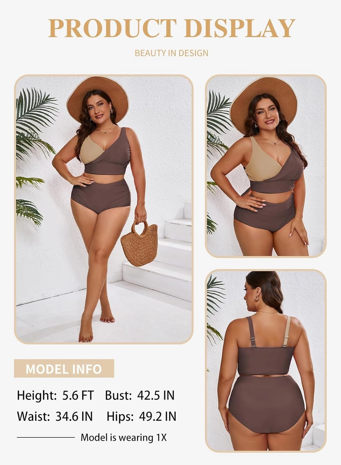 Eytino Womens Plus Size Bikini Sets High Waisted V Neck Bahting Suits Two Piece Color Block Swimsuits(1X-5X)