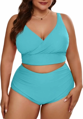 Eytino Womens Plus Size Bikini Sets High Waisted V Neck Bahting Suits Two Piece Color Block Swimsuits(1X-5X)