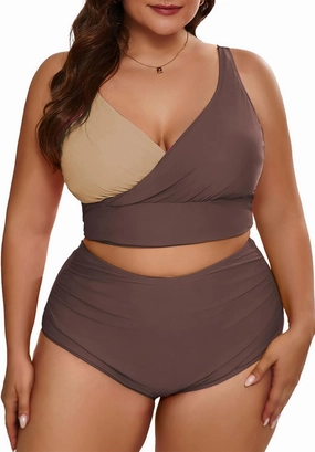Eytino Womens Plus Size Bikini Sets High Waisted V Neck Bahting Suits Two Piece Color Block Swimsuits(1X-5X)