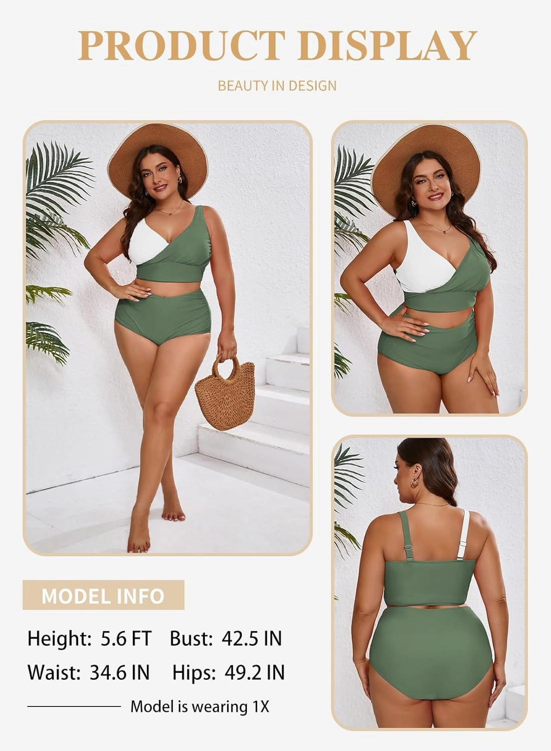 Eytino Womens Plus Size Bikini Sets High Waisted V Neck Bahting Suits Two Piece Color Block Swimsuits(1X-5X)