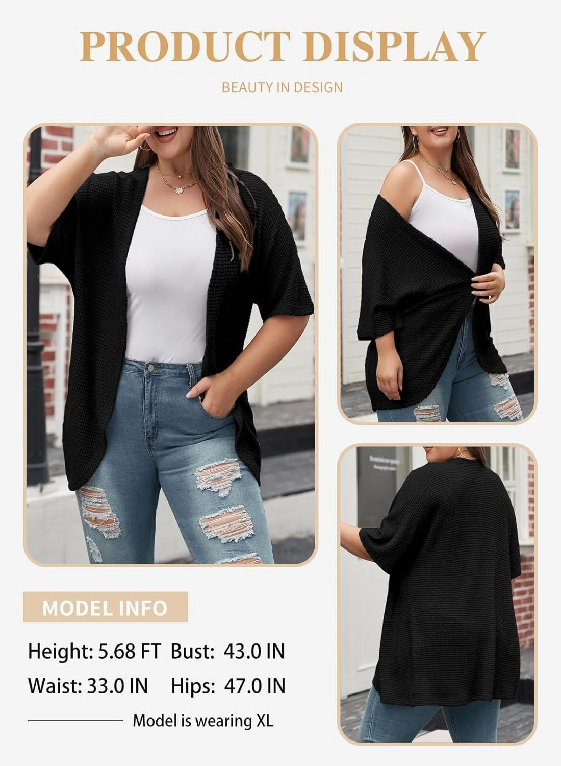 Eytino Womens Plus Size Cardigan Casual Short Sleeve Waffle Knit Kimono Open Front Tops(1X-5X)