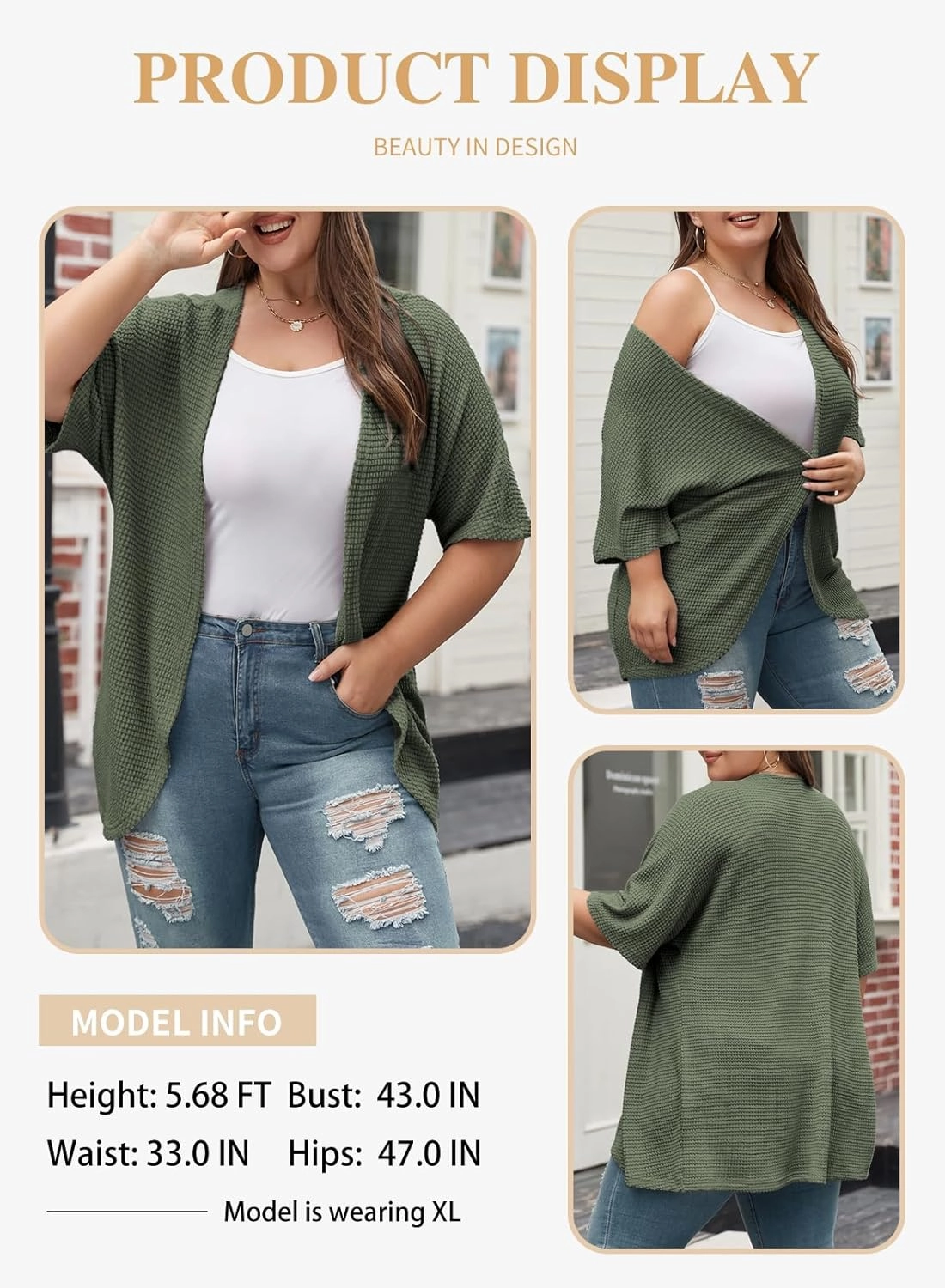 Eytino Womens Plus Size Cardigan Casual Short Sleeve Waffle Knit Kimono Open Front Tops(1X-5X)