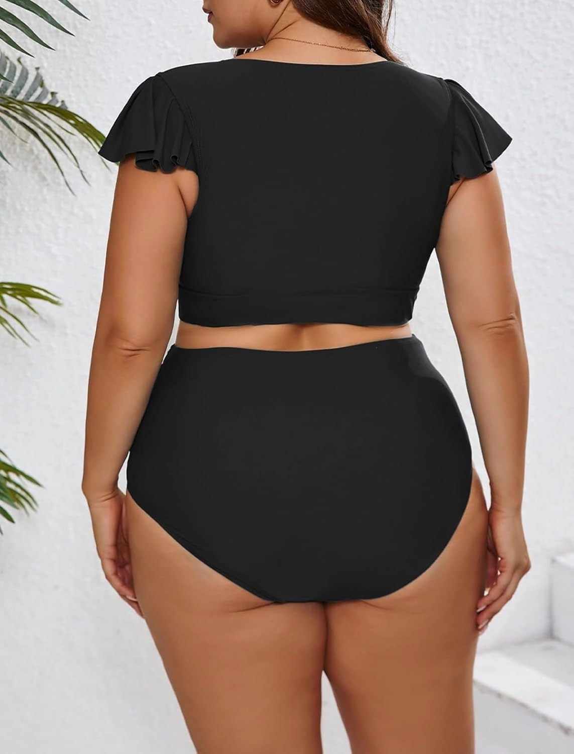 Eytino Womens Plus Size Two Piece Bikini Swimsuit Ruffle Sleeve High Waisted Tummy Control Bathing Suits Swimwear(1X-5X)