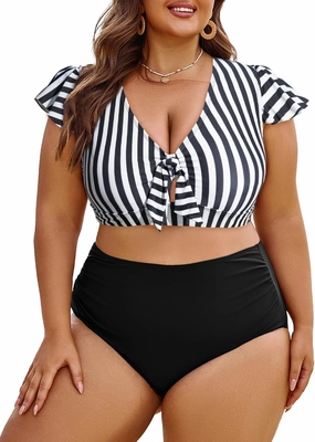Eytino Womens Plus Size Two Piece Bikini Swimsuit Ruffle Sleeve High Waisted Tummy Control Bathing Suits Swimwear(1X-5X)