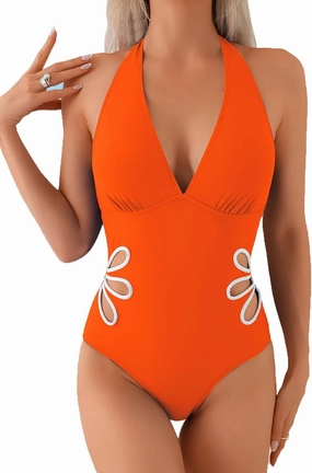 Fanuerg Women's One Piece Swimsuit Halter V Neck Color Block Swimwear Sexy Cutout Floral Bathing Suit