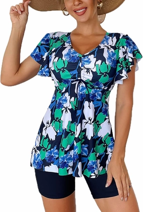Fanuerg Women's Tankini Swimsuits Ruffled Flowy Tankini Tops with Boy Shorts Swimwear Tummy Control Two Piece Bathing Suits