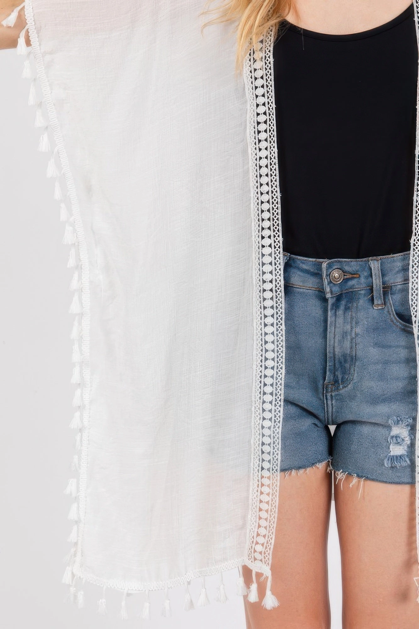 FASHNZFAB Crochet And Tassel Trim Cover Up