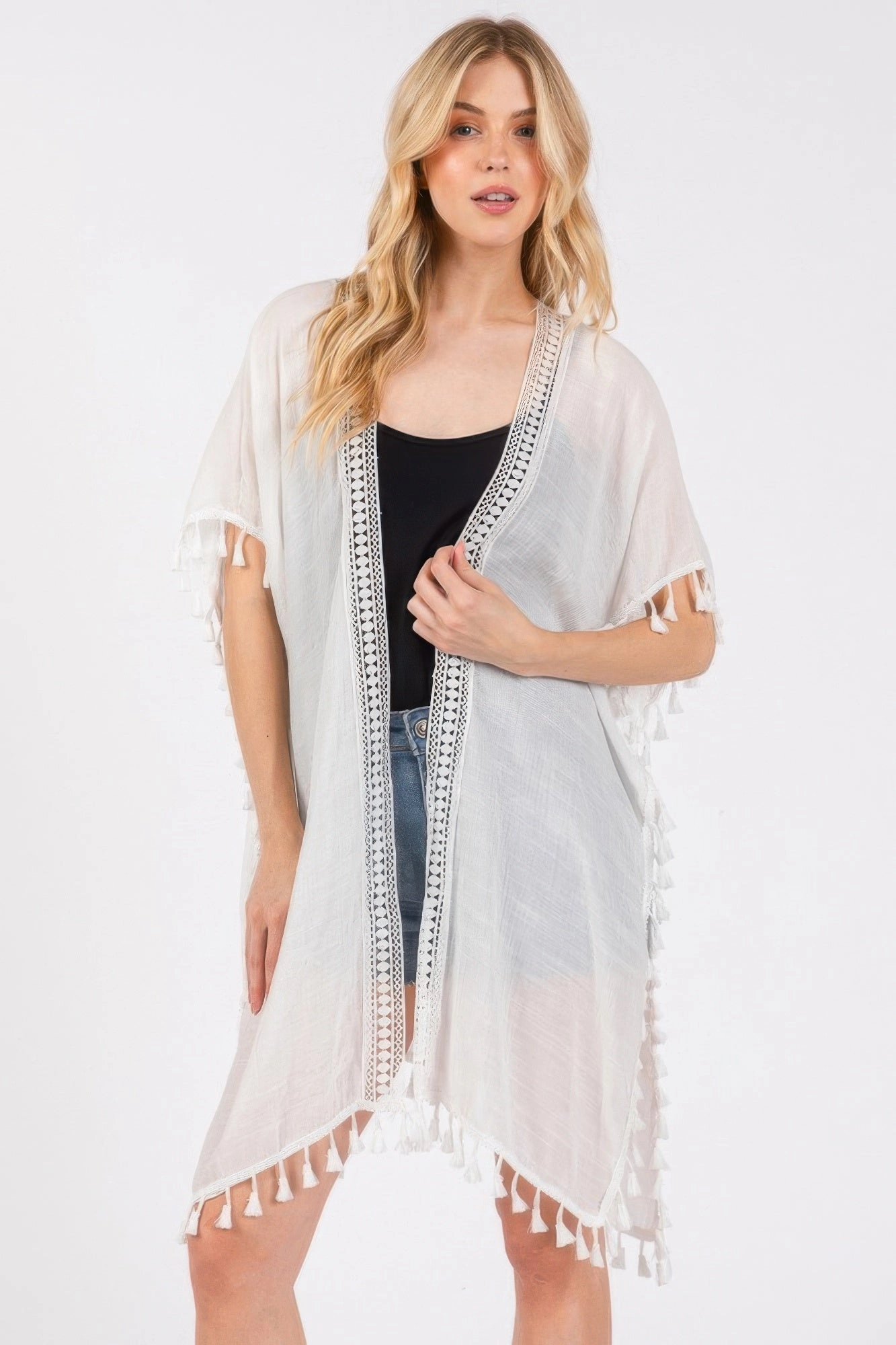 FASHNZFAB Crochet And Tassel Trim Cover Up