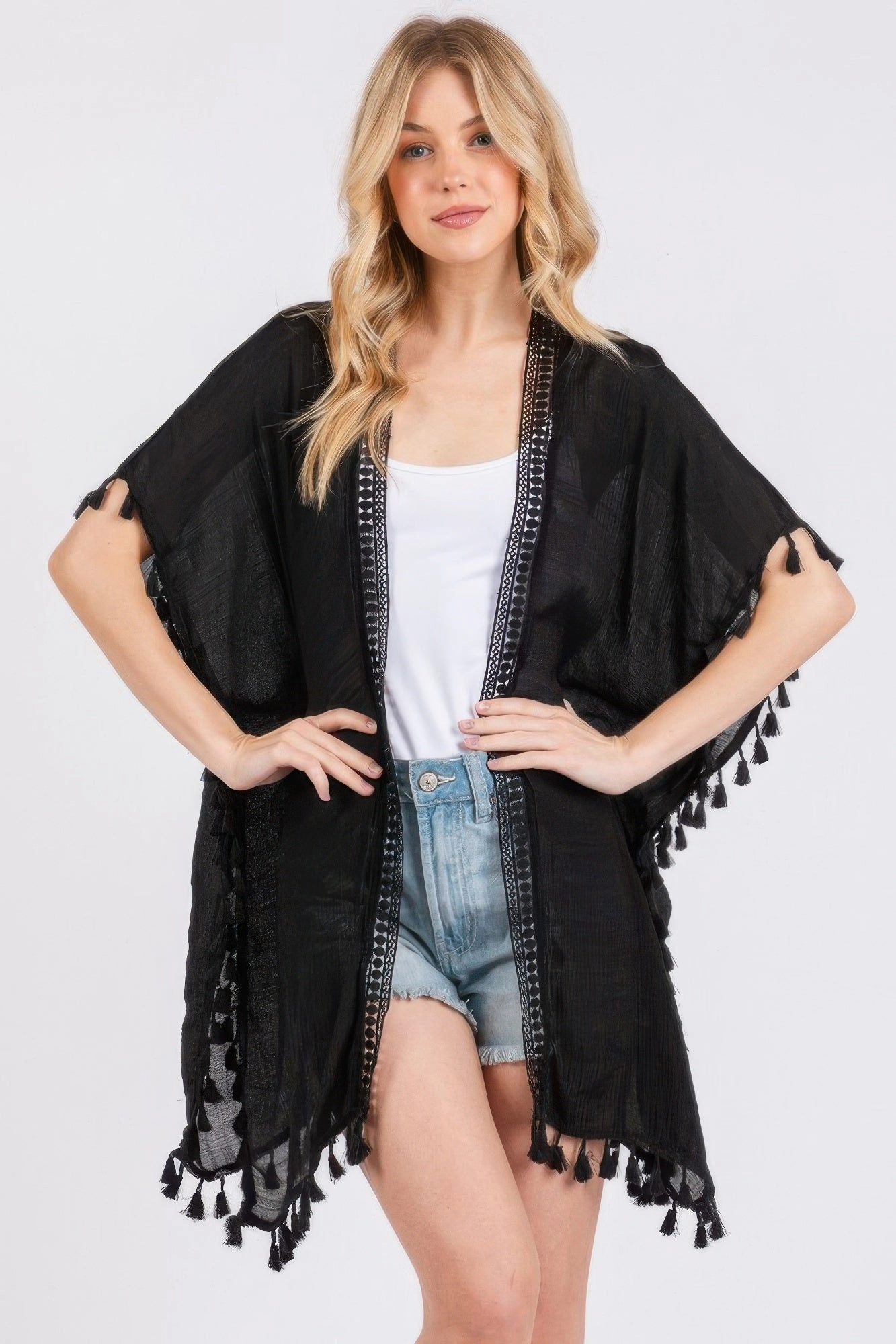 FASHNZFAB Crochet And Tassel Trim Cover Up